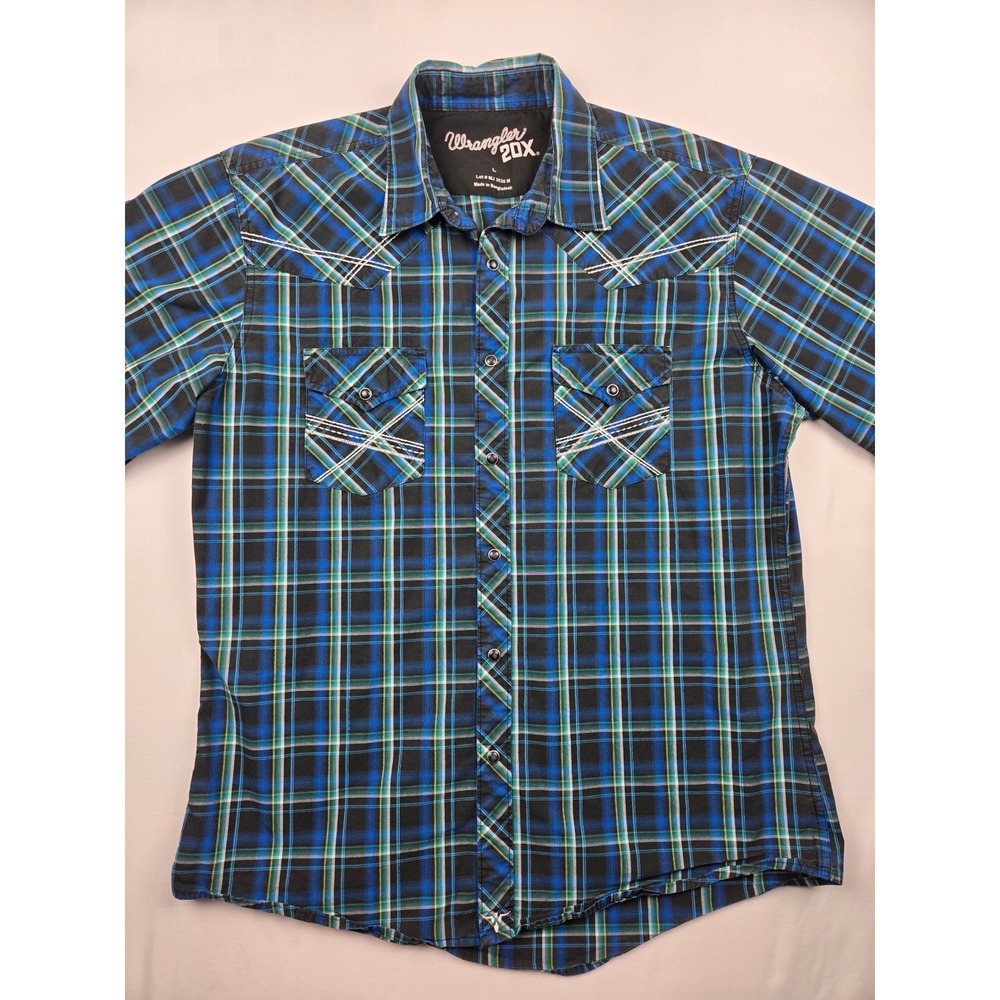 Wrangler 20X Mens Short Sleeve Plaid Western‎ Pearl Snap Shirt Sz L Blue Black